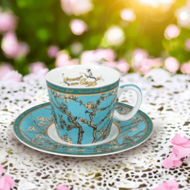 Porcelain espresso cup and saucer inspired by Van Gogh Blooming Almond Tree in gift packaging – CARMANI.