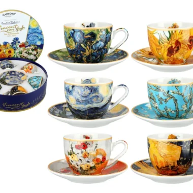 Set of 6 ceramic espresso cups with Van Gogh artwork in a round gift box by CARMANI.