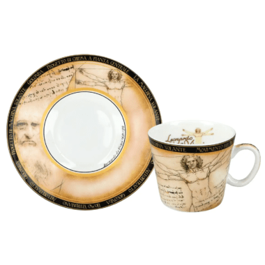 Πορσελάνινο φλιτζάνι espresso με πιατάκι εμπνευσμένο από τον Βιτρούβιο Άνθρωπο του Leonardo da Vinci σε συσκευασία δώρου – CARMANI.
