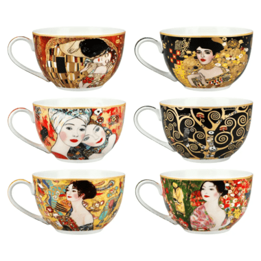 Gustav Klimt cup and saucer set, CARMANI porcelain cups with saucers, set of 6 cups gift, Klimt art cups, porcelain coffee cups, round box cup set