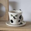 handmade cup with saucer black and white cat with 3d snout and ears χειροποίητο κεραμικό φλιτζάνι γατάκι με πιατάκι και μουσούδα και αυτιά