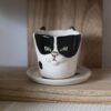 handmade tuxedo cup with saucer 3d snout and ears. χειροποίητο κουπάκι με ανάγλυφη μουσούδα και αυτιά