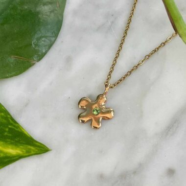 ορειχαλκοσ επιχρυσωμενος , ατσαλι, γλυκό κολιεδάκι με λουλούδι και πρασινη - λαχανί πέτρα , χρυσό κολιε