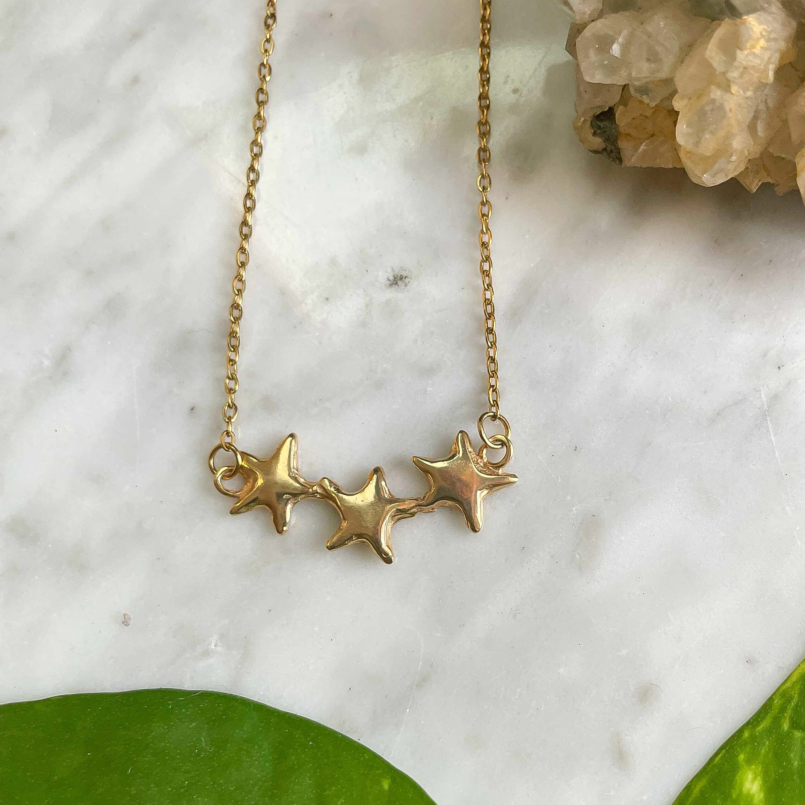 Necklace cosmic stars, shining start necklace, handmade jewelry,, handmade necklace with 3 stars together brass and stainless steel chain ορειχαλκοσ επιχρυσωμενος , ατσαλι , χειροποιητο κολιέ