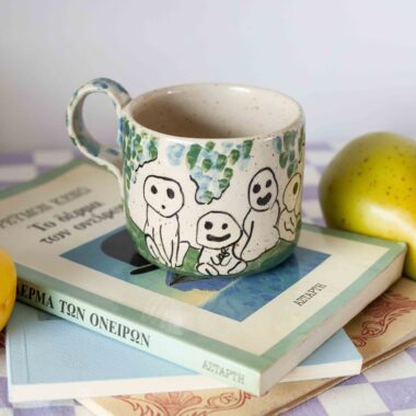 kodama mug, mononoke mug, anime mug, ghibli mug, forest spirit, handmade mug, ceramic mug, cute mug, nature mug, pottery mug, fan art mug, gift anime, κεραμικη κουπα, anime δωρο, ghibli inspired