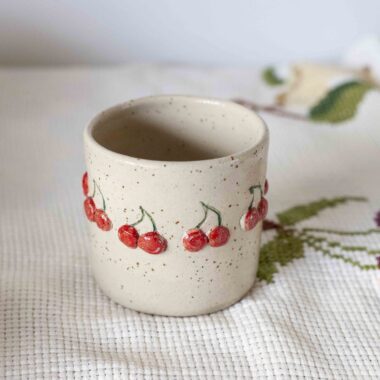 cherry mug, 3d mug, fruit mug, ceramic mug, handmade mug, cute mug, summer mug, red cherries, textured mug, pottery mug, gift for her, kawaii mug, κεραμικη κουπα, κερασια, φρουτα