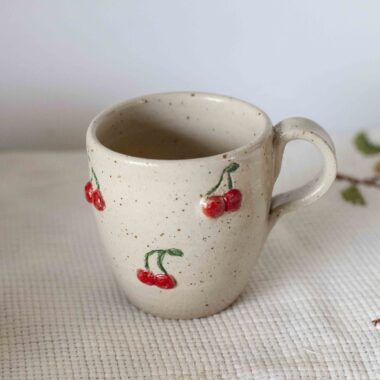 cherry mug, 3d mug, fruit mug, ceramic mug, handmade mug, cute mug, summer mug, red cherries, textured mug, pottery mug, gift for her, kawaii mug, κεραμικη κουπα, κερασια, φρουτα