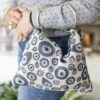 Handmade evil eye pattern bag with double ring handles and zipper closure GR: Χειροποίητο τσαντάκι με μοτίβο μάτια, δύο κρίκους για χερούλι και φερμουάρ