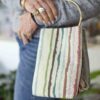 Handmade bag with Greek rag rug pattern, ring handle and button closure GR: Χειροποίητο τσαντάκι με μοτίβο ελληνικής κουρελούς, κρίκο για χερούλι και κούμπωμα με κουμπί