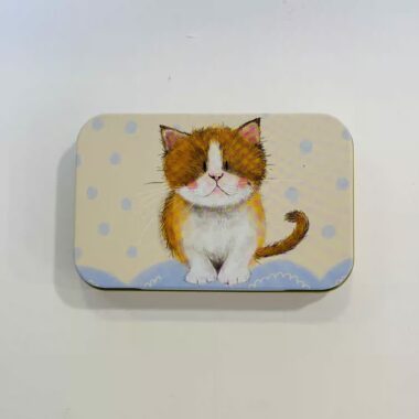 small tin box with cat perfect for jewellery μικρό κουτί τσίγκινο με γατούλα πάνω. χρησιμοποιείται τέλεια σαν μπιζουτιέρα