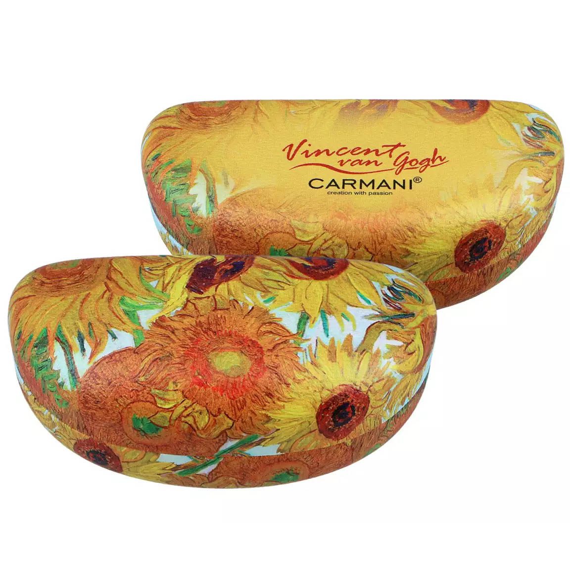 Elegant glasses case decorated with Vincent van Gogh’s iconic artwork Sunflowers. Designed to protect glasses from damage and dirt, while also serving as a tasteful accessory. An ideal choice for art lovers who appreciate functionality combined with timeless artistic design. Part of the CARMANI art collection.