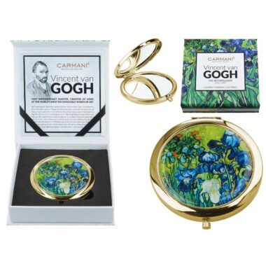 Compact bag mirror decorated with Vincent van Gogh’s artwork Irises. Practical and elegant, it is ideal for everyday use, fitting easily into any handbag. Part of the CARMANI art collection, combining functionality with timeless artistic design.
