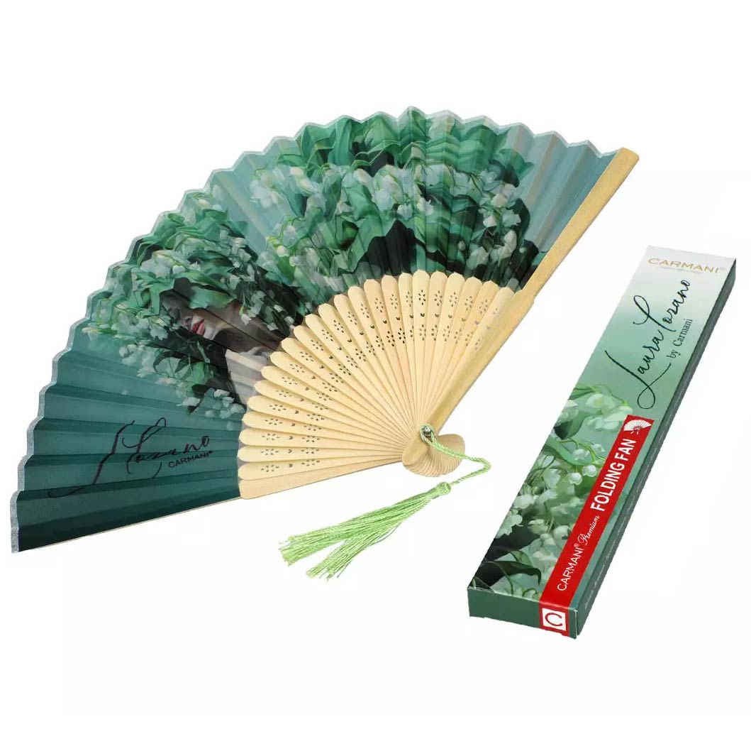 CARMANI fan 220cm decorated with L. Lozano Lady’s Floral Symphony artwork – CARMANI Βεντάλια CARMANI 20 cm με το έργο L. Lozano «Γυναικεία Ανθοσύνθεση» σε πρασινες αποχρώσεις – CARMANI