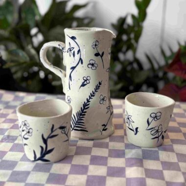 Alternative view of Blue Ceramic Floral Set with Jug and Two Cups - Mugaki