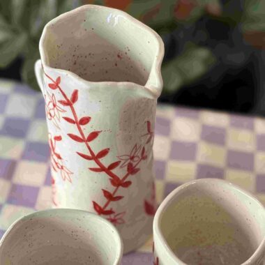 Alternative view of Red Ceramic Floral Set with Jug and Two Cups - Mugaki