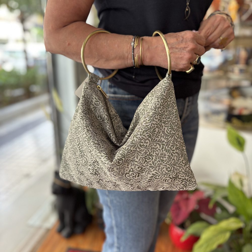 Ηandmade Green Floral Bag with Two Hoop Handle - Panino