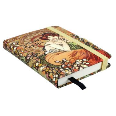 CARMANI A7 notebook featuring Alphonse Mucha’s Gemstones Topaz and Emerald artwork on the cover.