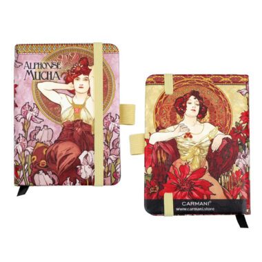 CARMANI A7 notebook featuring Alphonse Mucha’s Gemstones Amethyst and Ruby artwork on the cover.