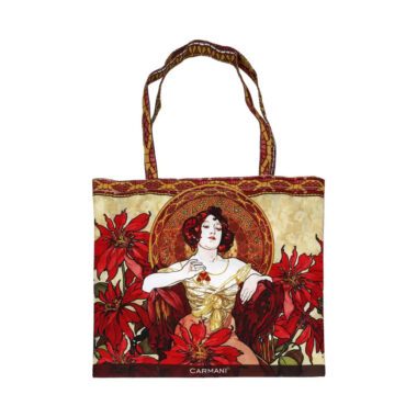 CARMANI lunch bag measuring 28 × 25.5 cm, featuring Alphonse Mucha’s Gemstones Amethyst and Ruby artwork.
