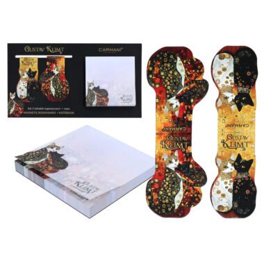 CARMANI gift set with a notepad and two magnetic bookmarks featuring artwork inspired by Gustav Klimt’s paintings.
