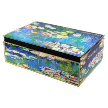 CARMANI glass jewelry box featuring artwork inspired by Claude Monet’s Water Lilies paintings.