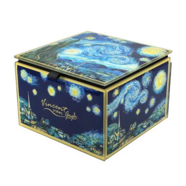 Small CARMANI glass jewelry box featuring Vincent van Gogh’s Starry Night painting.