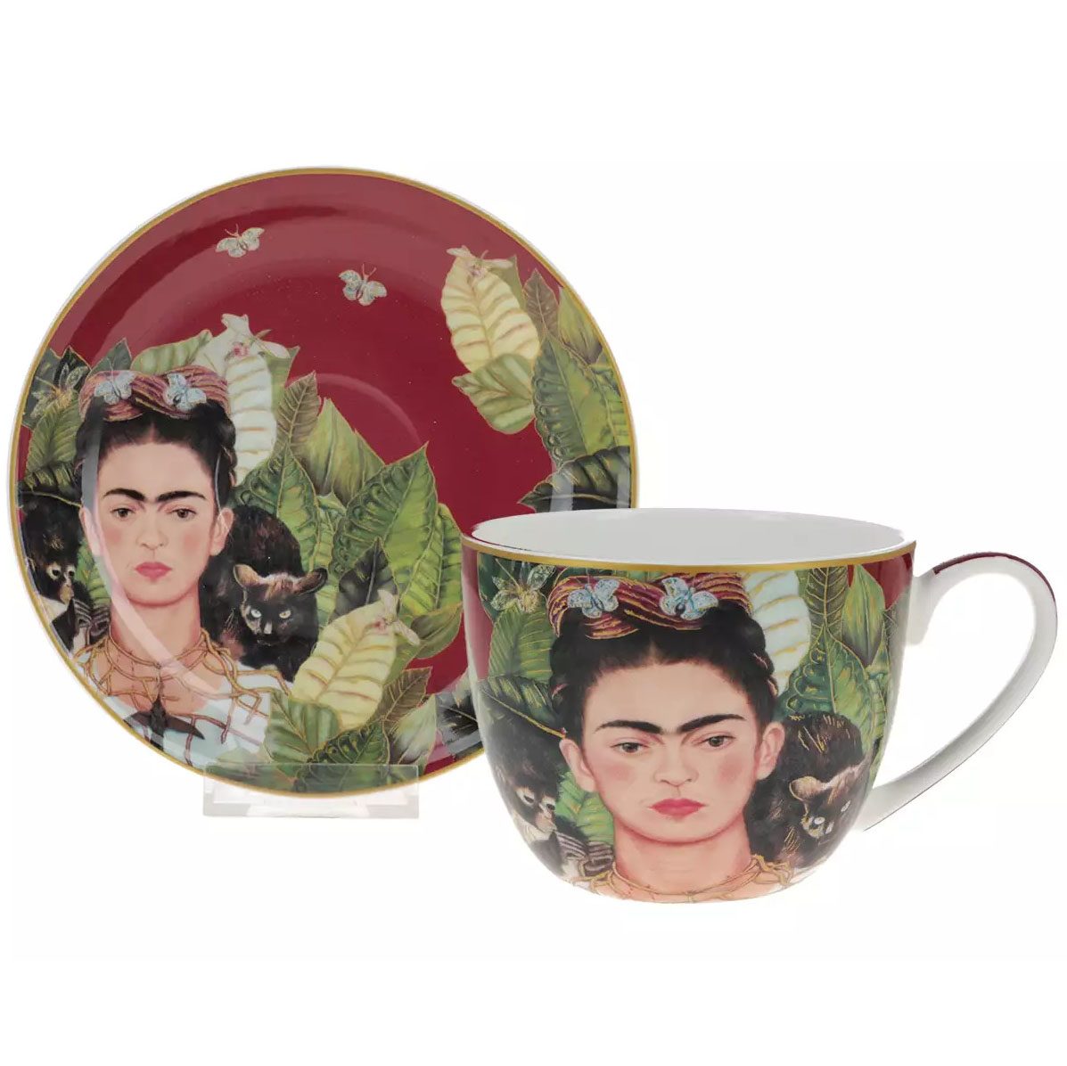 CARMANI porcelain breakfast cup featuring Frida Kahlo’s Self-Portrait with Thorn Necklace and Hummingbird.