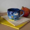 handmade super mario mug with 3d elements from the game. in blue shades. χειροποίητη κεραμική κούπα με 3ντι στοιχεία από την πίστα. σουπερ μάριο μπλε κούπα.